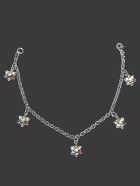 Sterling Silver 5 Flower Charm Chain Bracelet with Multicolor Gems size 7.5"